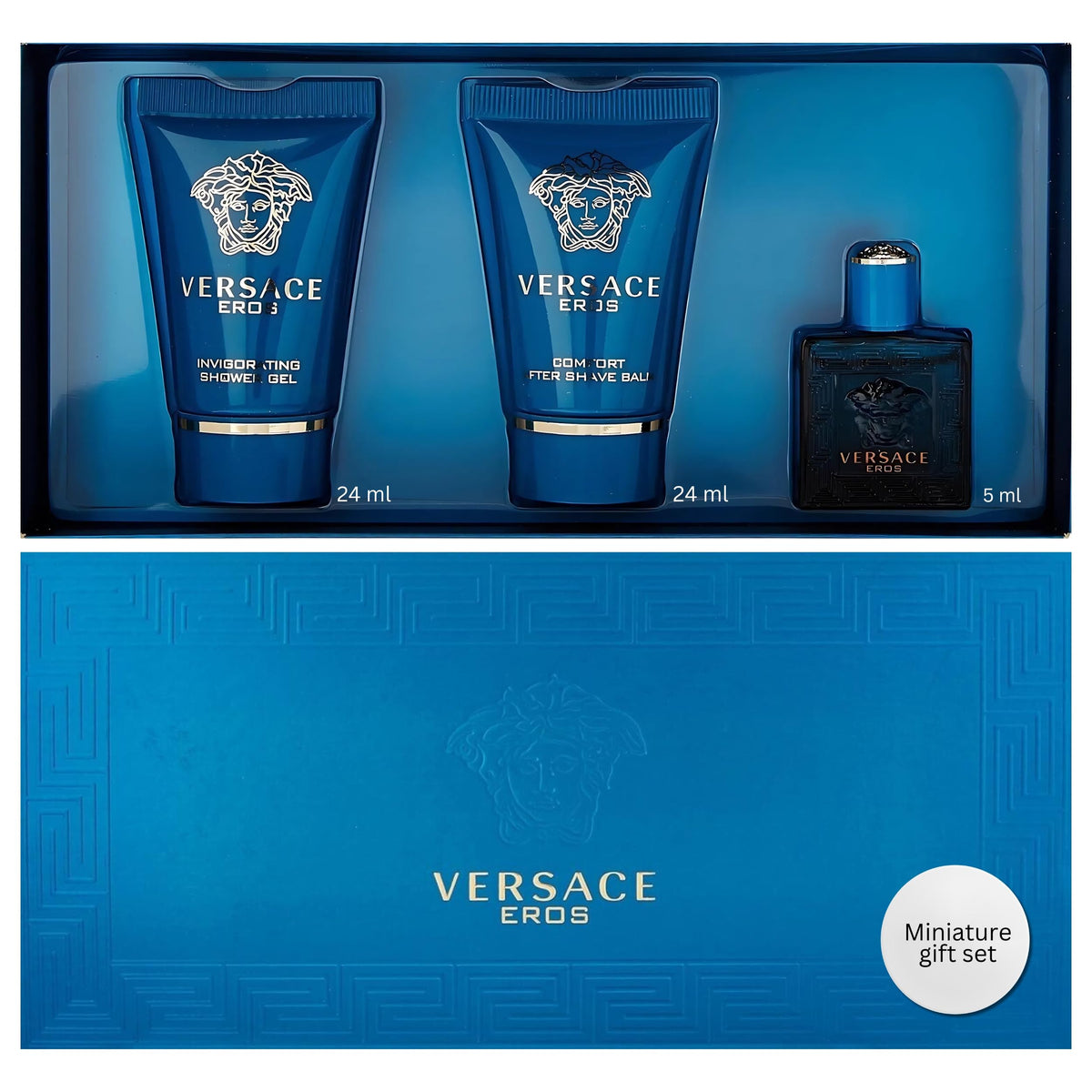 Coffret mini parfum Versace Eros avec EDT, gel douche et baume après-rasage
