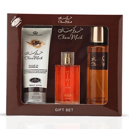 Coffret parfum Al-Rehab Choco Musk vue avant avec trois produits