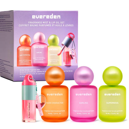 Coffret parfum enfant Evereden avec trois brumes et une huile à lèvres colorée