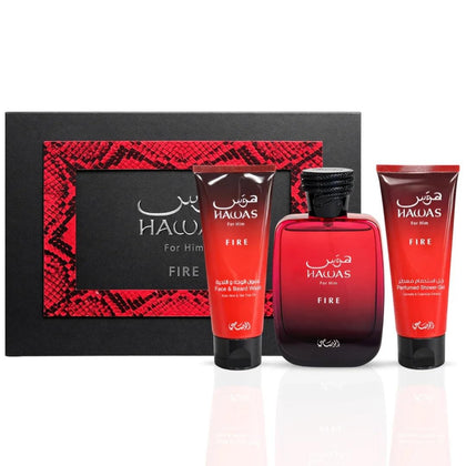 Coffret RASASI Hawas Fire avec Eau de Parfum 100ml, gel douche et nettoyant pour le visage en présentation.