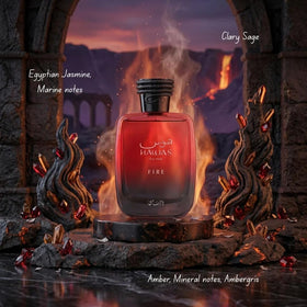 Coffret RASASI Hawas Fire avec tous les produits visibles.
