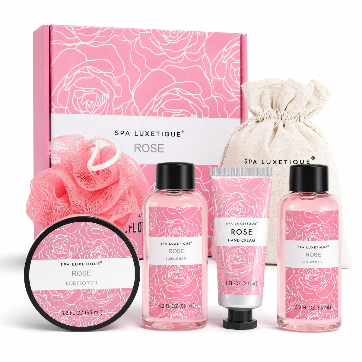 Coffret Spa Rose 6 pièces - vue de face avec produits et emballage