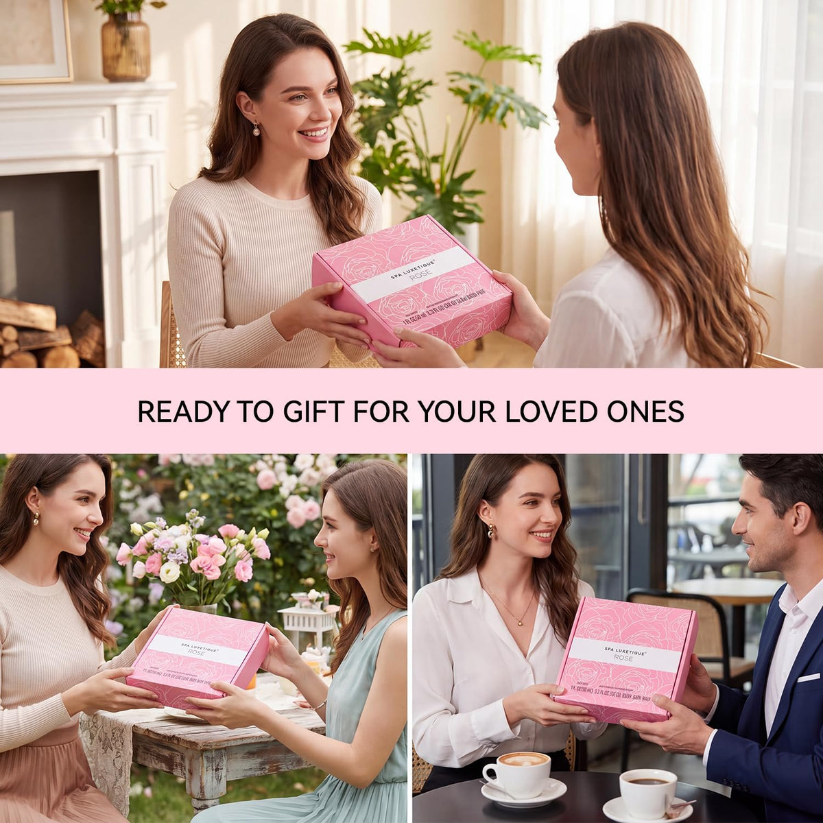 Coffret Spa Rose avec tous les produits en contexte d'utilisation