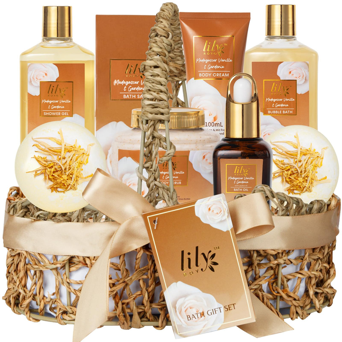 Coffret spa vanille LILY ROY avec 9 produits dans un panier tressé