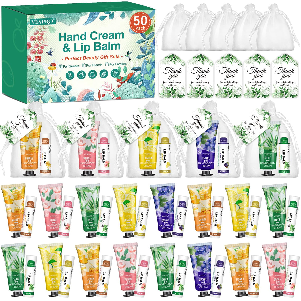 Coffret VESPRO avec 50 crèmes pour les mains et baumes à lèvres