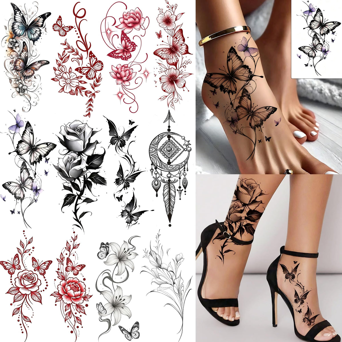 COKTAK 12 feuilles de tatouages temporaires floraux et papillons