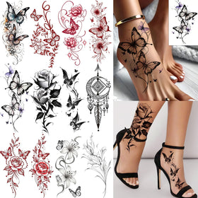 COKTAK 12 feuilles de tatouages temporaires floraux et papillons