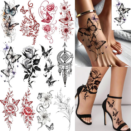 COKTAK 12 feuilles de tatouages temporaires floraux et papillons