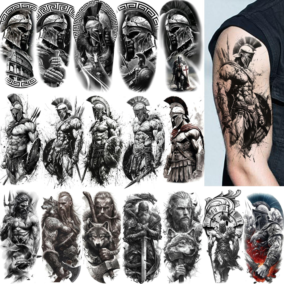 COKTAK tatouages temporaires guerrier 17 feuilles devant