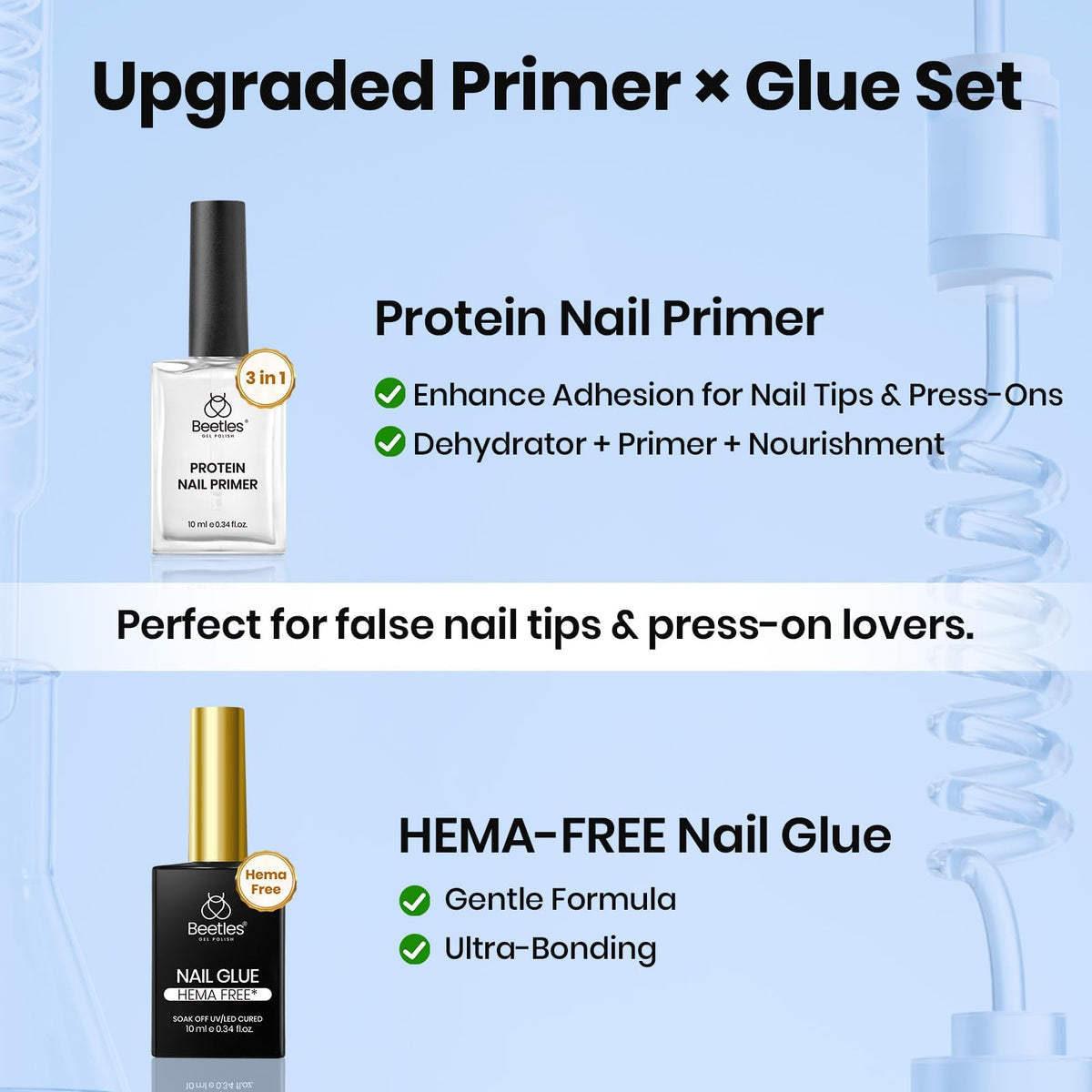 Colle à ongles et primer beetles sur une table de manucure