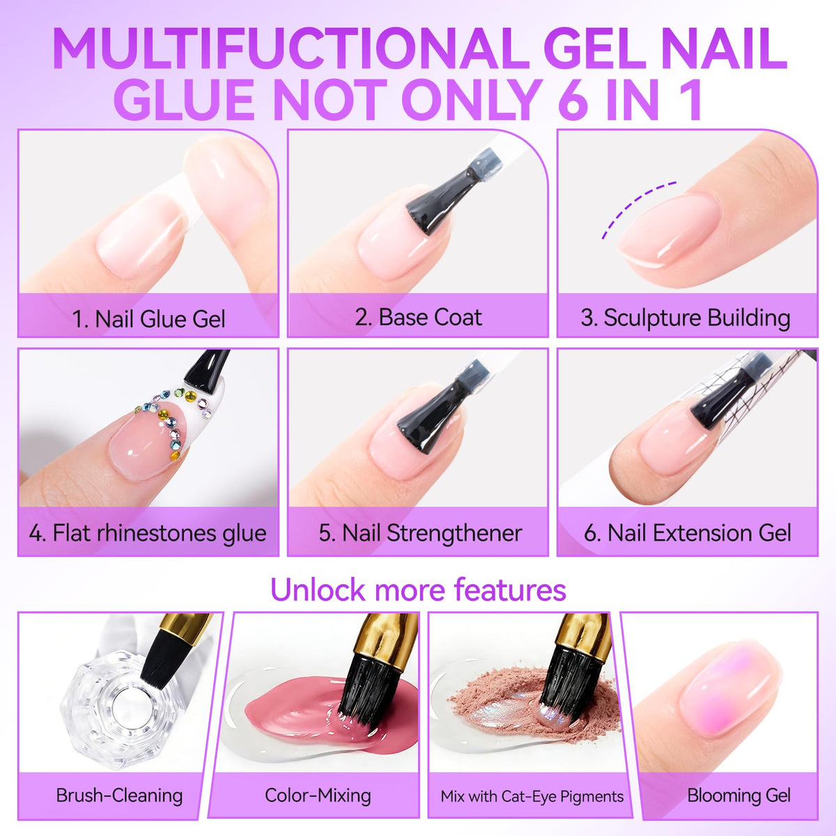 Colle à ongles gel 6 en 1 gelike ec sur table avec accessoires