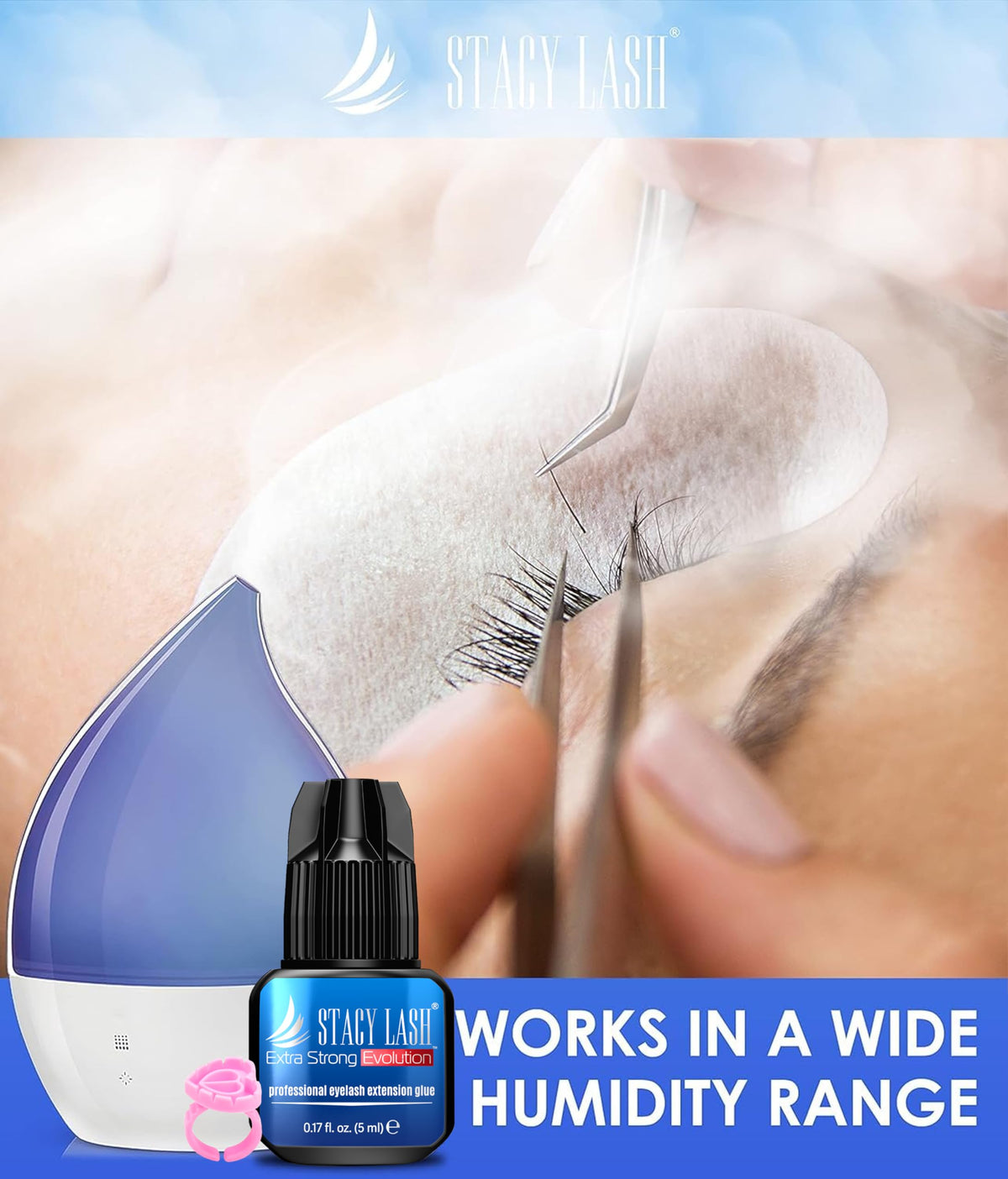 Colle d'extension de cils STACY LASH sur un fond blanc