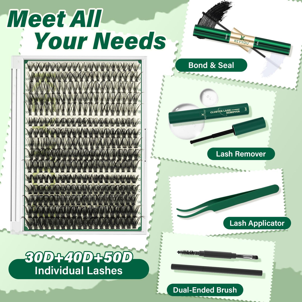 Colle et outils inclus dans le kit d'extensions de cils KEYYOU