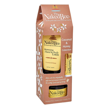 Collection Coco & Miel de The Naked Bee comprenant lotion, baume à lèvres et beurre corporel