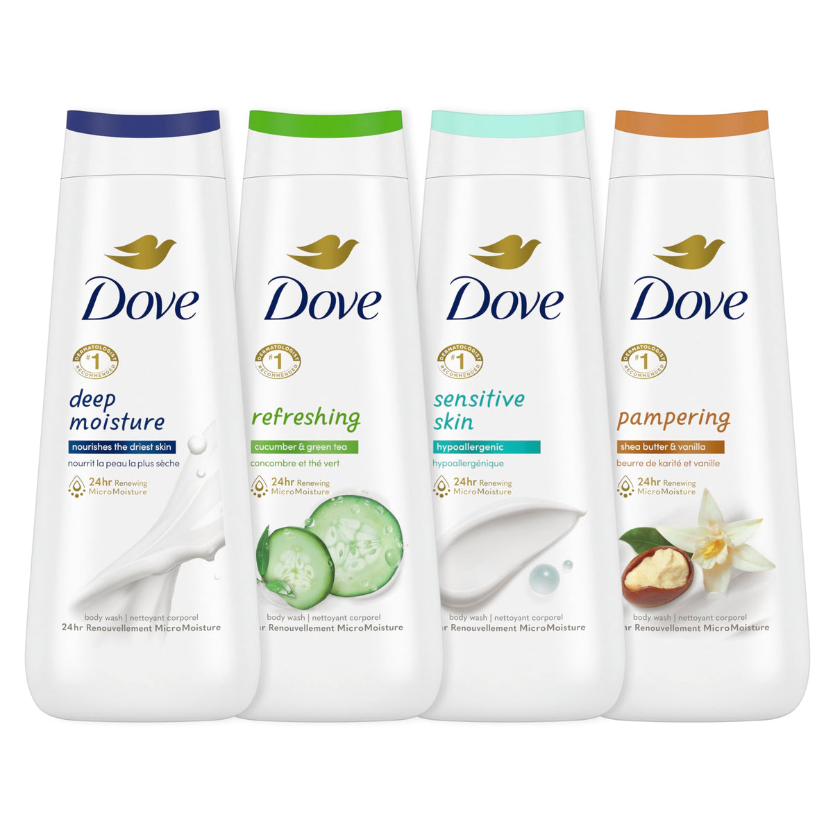 Collection de Gel Douche Dove 24h Hydratation, 4 bouteilles de 20 oz