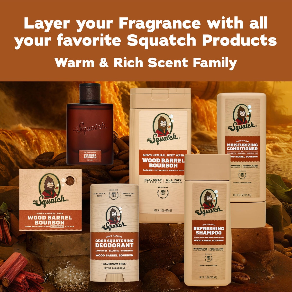 Cologne Dr. Squatch Fireside Bourbon avec arrière-plan naturel