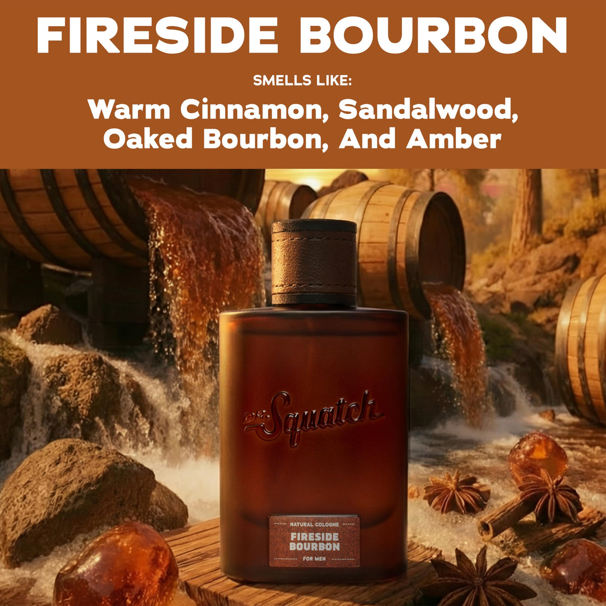 Cologne Dr. Squatch Fireside Bourbon sur une surface en bois