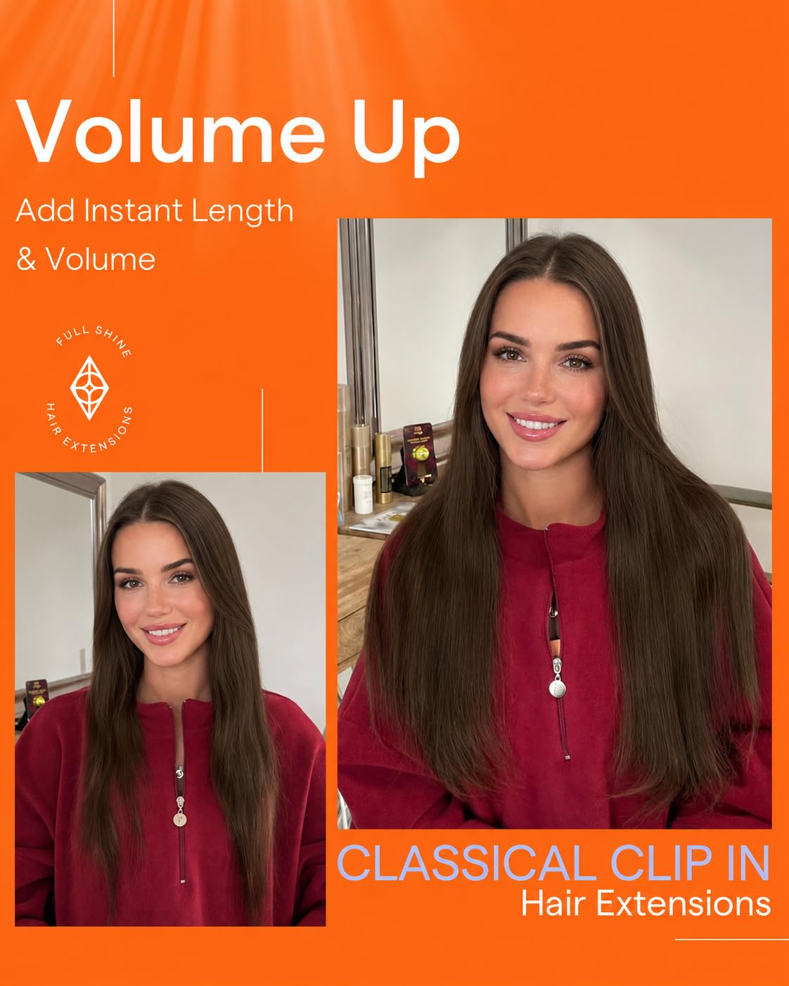 Comparaison de longueur avec les extensions clip-in châtain clair Full Shine