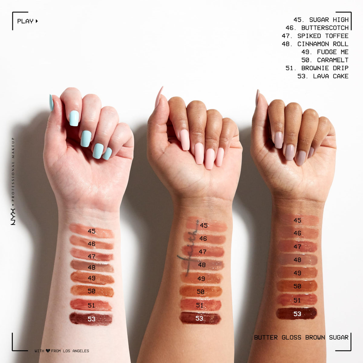 Comparaison de NYX Butter Gloss Tiramisu avec d'autres teintes