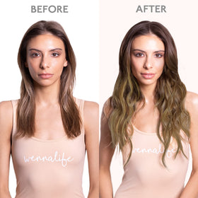 Comparaison des couleurs chocolat et blond caramel des extensions Wennalife