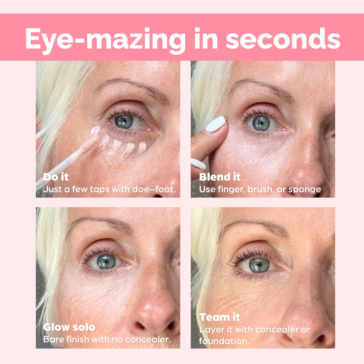 Comparaison des teintes de la base éclaircissante sous les yeux Elizabeth Mott