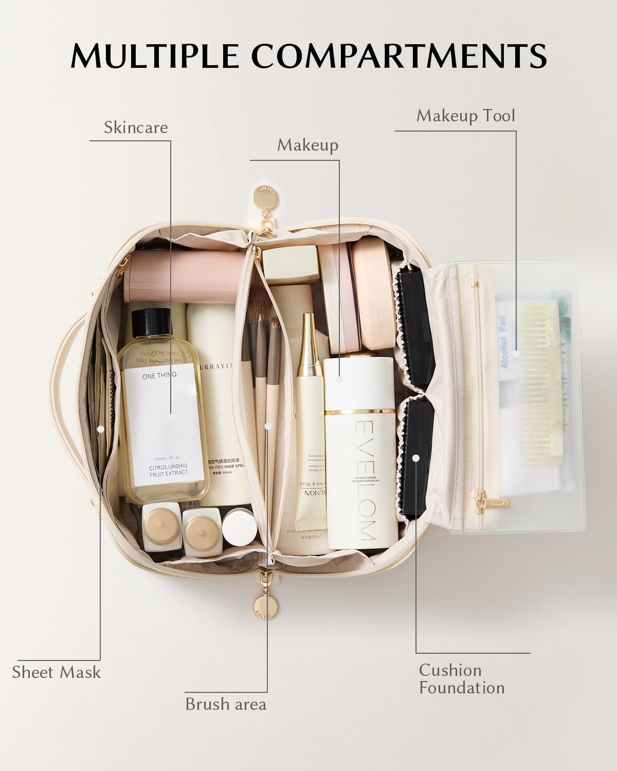 Compartiments intérieurs de la trousse de maquillage EACHY pour pinceaux