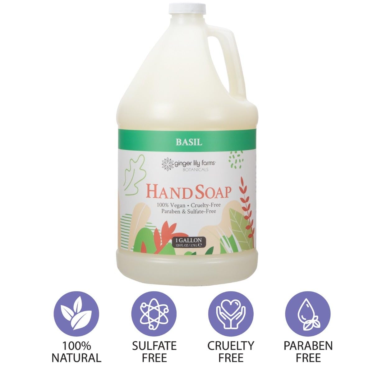 Composition du savon liquide mains Ginger Lily Farms sur une table