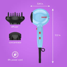 Conair Sèche-Cheveux Cake Pop bleu sur une coiffeuse stylée