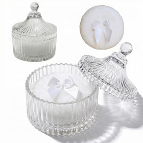 Conteneur en verre avec deux poudres puff velours blanches