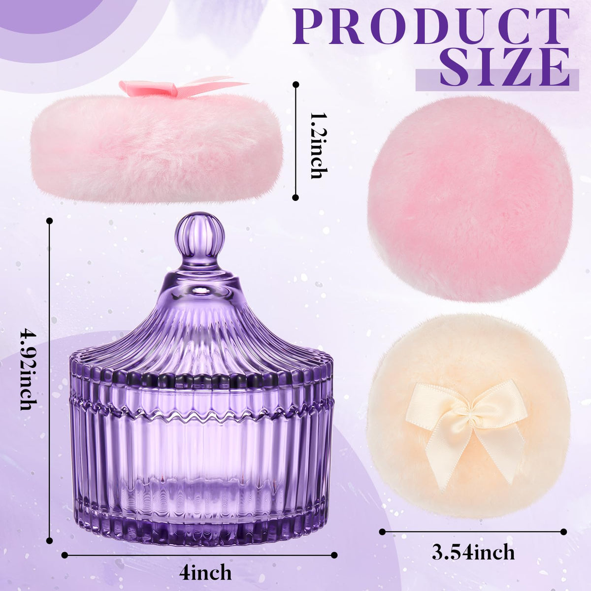 Conteneur en verre violet avec deux poudres puff en velours