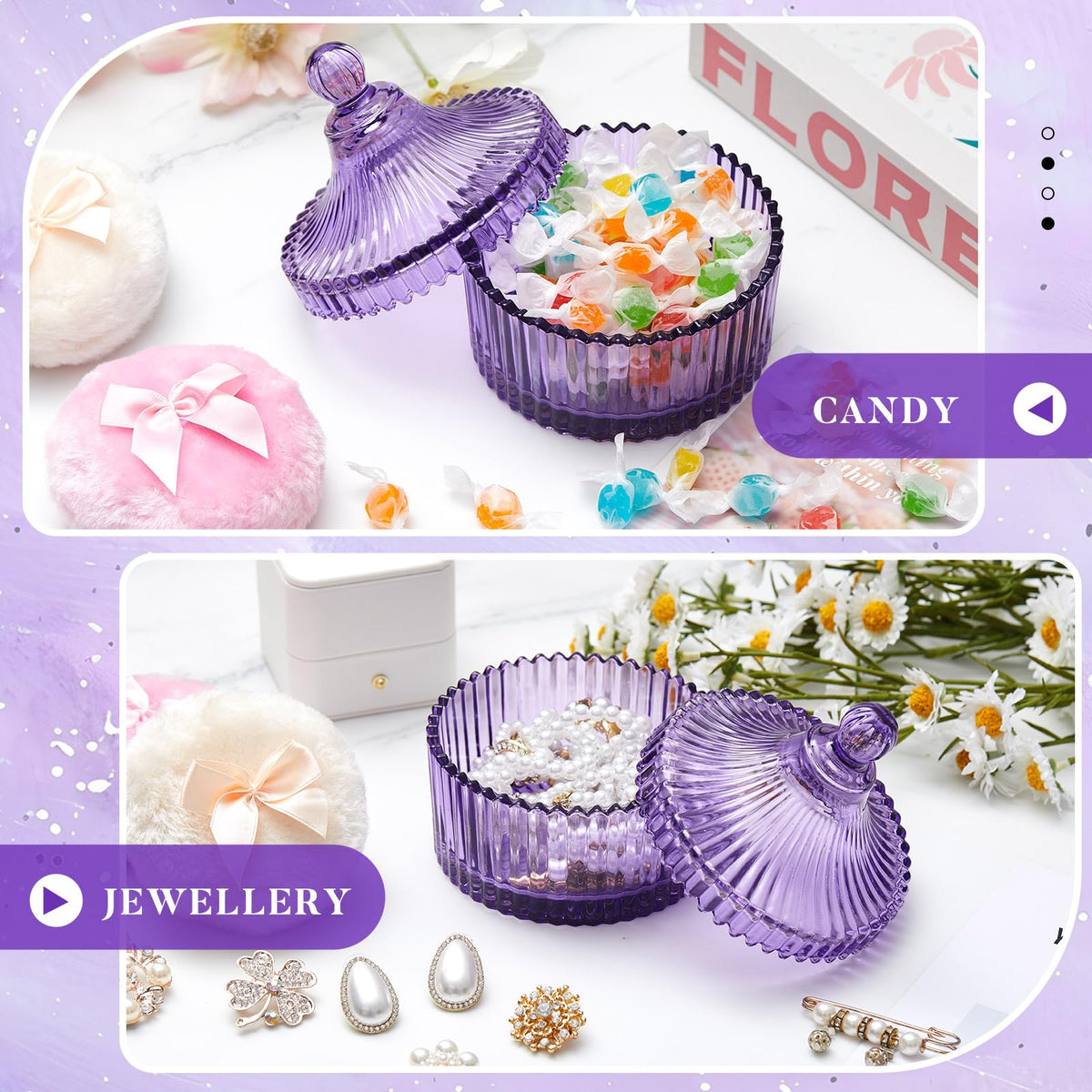 Conteneur en verre violet vu de côté avec puffs à l'intérieur