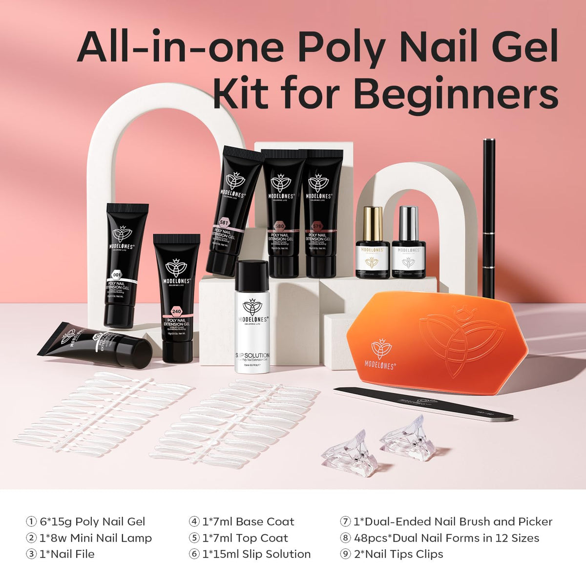 Contenu du kit modelones incluant gel, lampe et outils