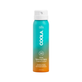 COOLA Crème Solaire Bio Spray SPF 30 vue avant avec étiquette tropicale