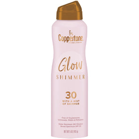 Coppertone Glow Spray Solaire SPF 30 vue de face avec éclat lumineux
