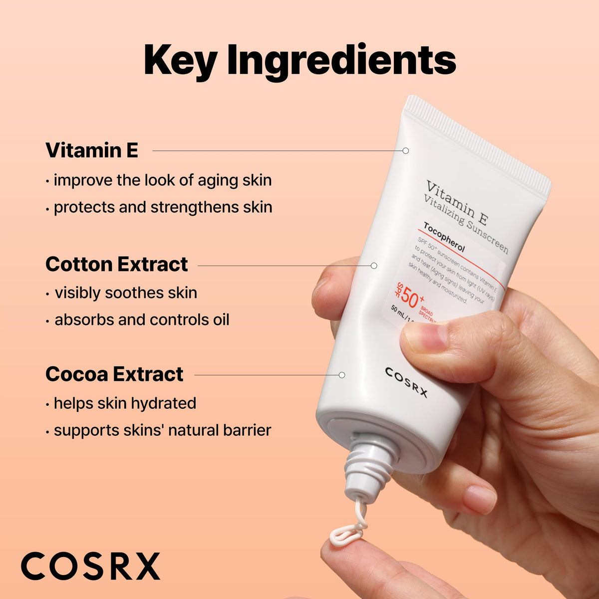 COSRX Crème Solaire Vitamine E ingrédients clés affichés