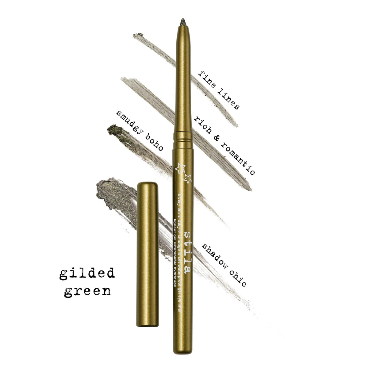 Couleur intense du gel eyeliner stila Gilded Green sur la main