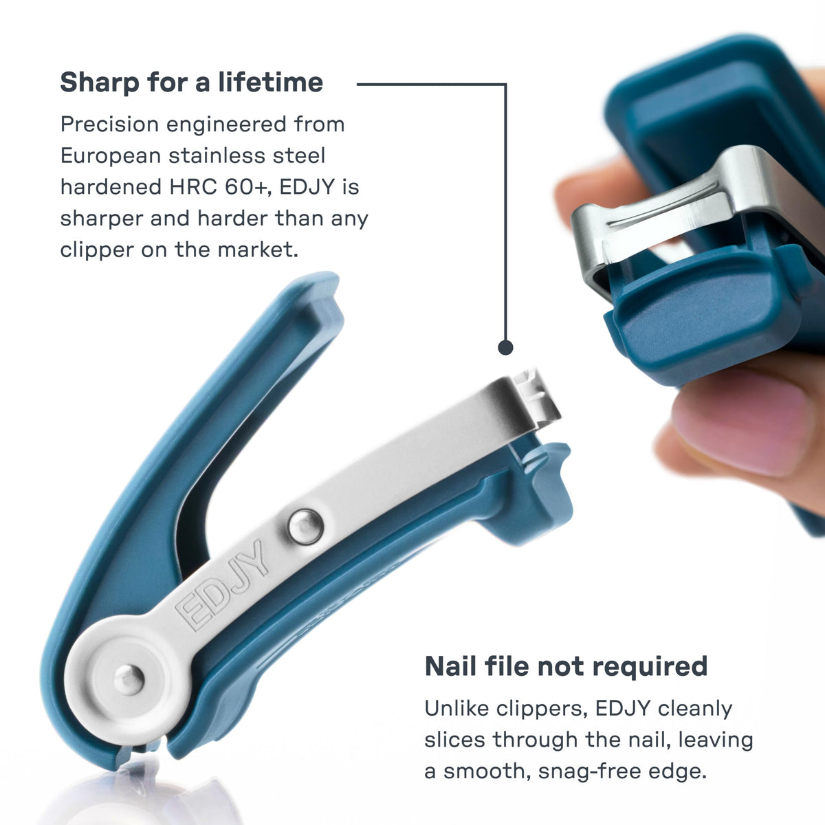 Coupe-ongles EDJY avec son emballage, dimensions visibles