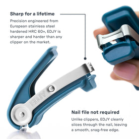 Coupe-ongles EDJY avec son emballage, dimensions visibles