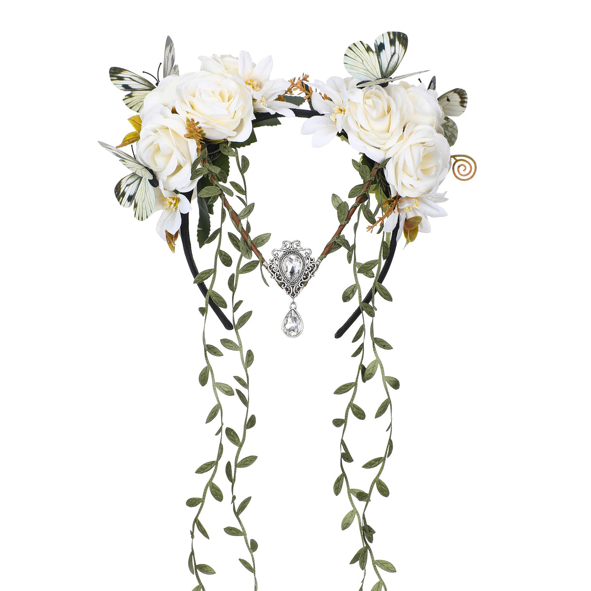 Couronne de fleurs blanche MOSTORY vue de face avec détails floraux