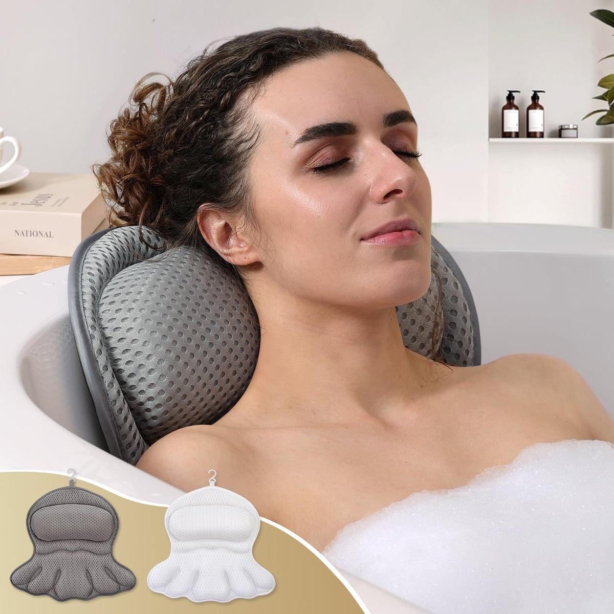 Coussin de bain Binobella gris avec soutien pour la tête et le cou