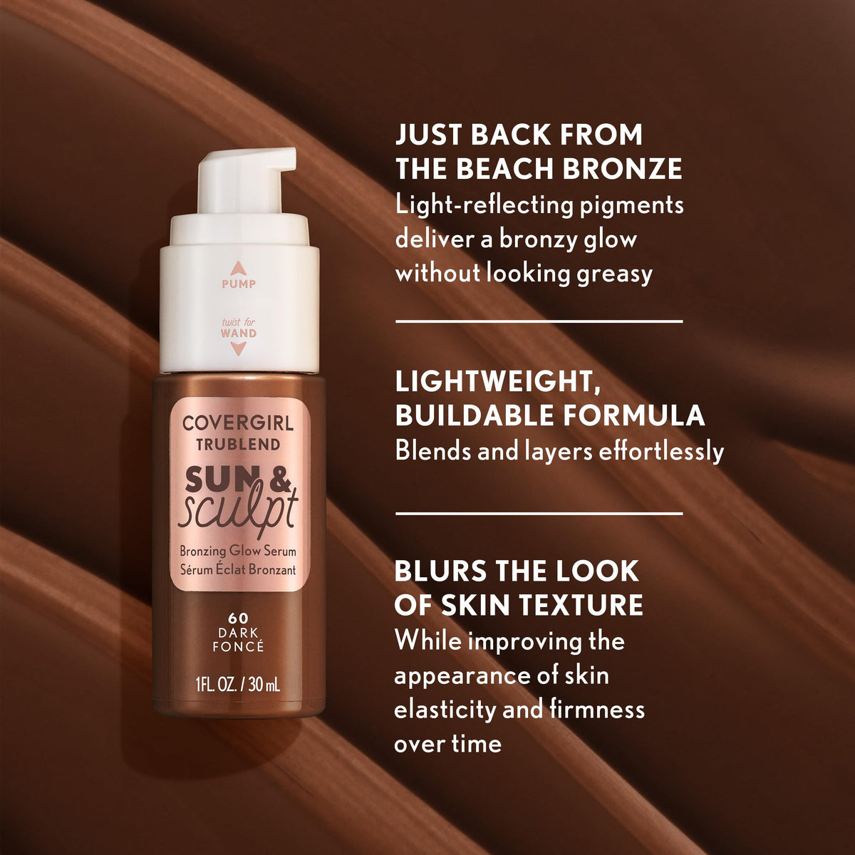 COVERGIRL TruBlend Sun & Sculpt Sérum Bronzant sur un fond blanc