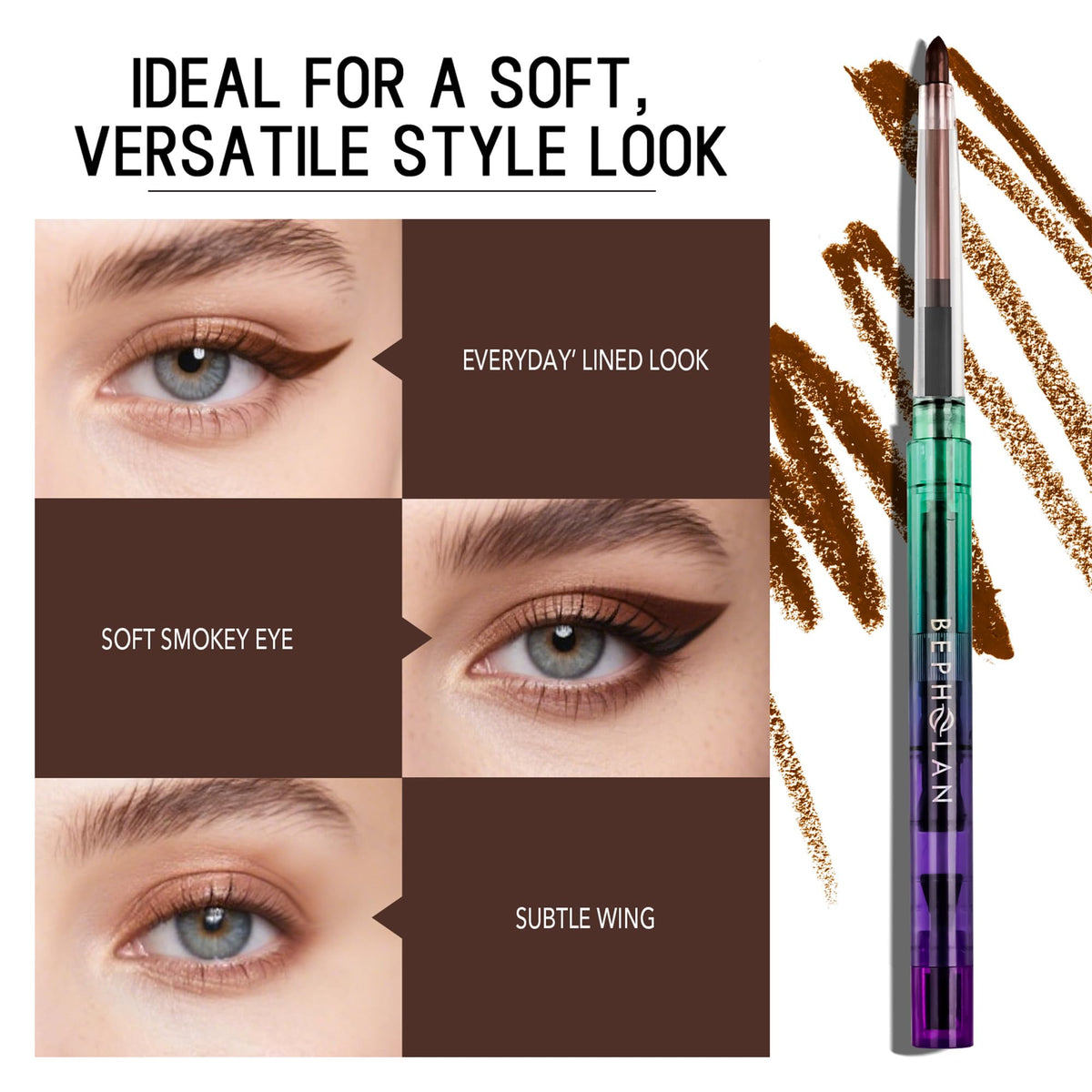 Crayon eyeliner gel BEPHOLAN marron sur peau avec couleur intense
