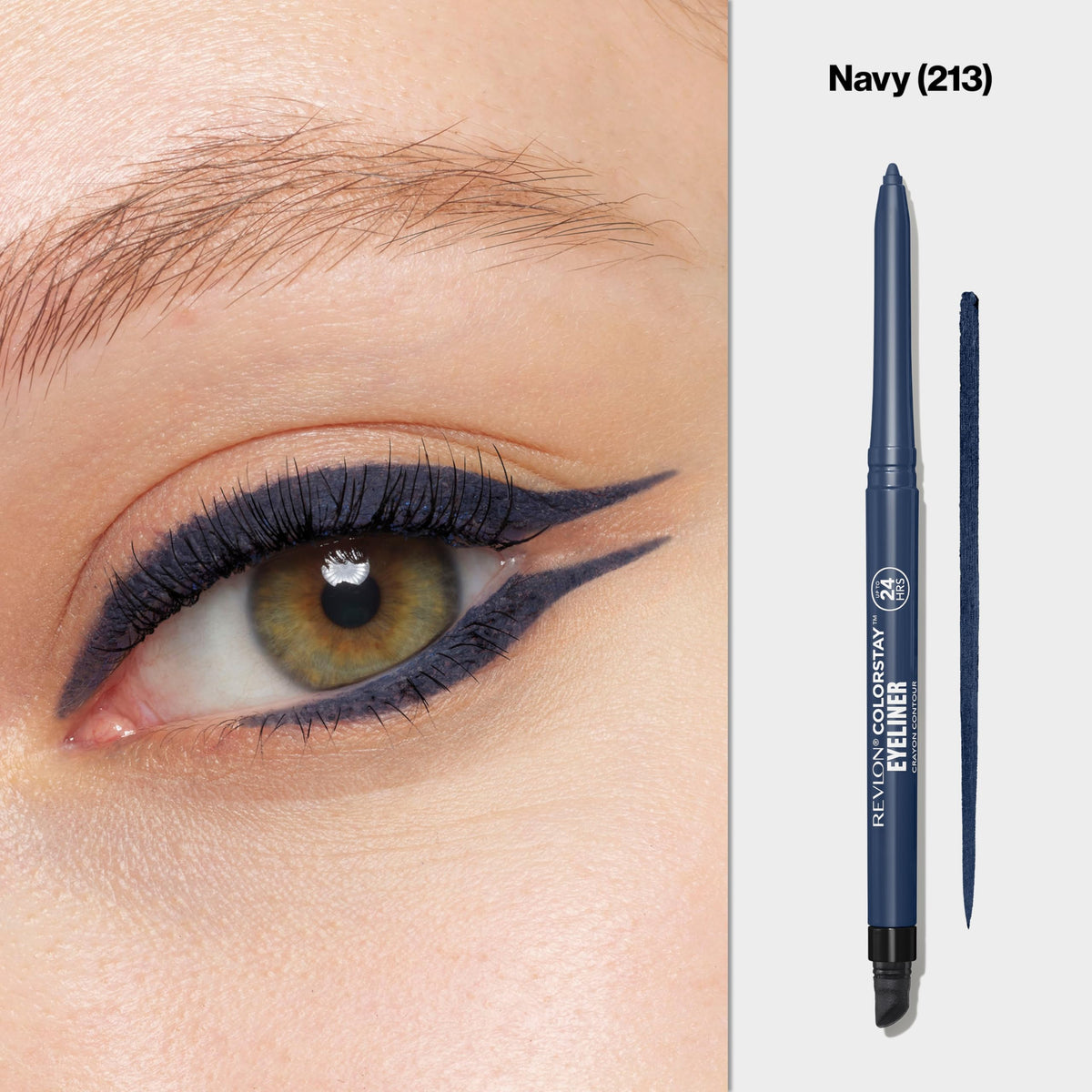 Crayon eyeliner REVLON 213 Navy sur une main avec swatch