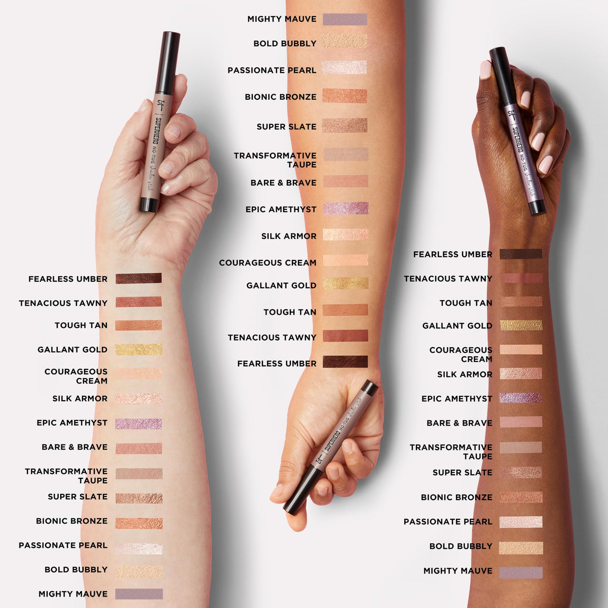 Crayon ombre à paupières IT Cosmetics Superhero en usage avec d'autres produits de maquillage