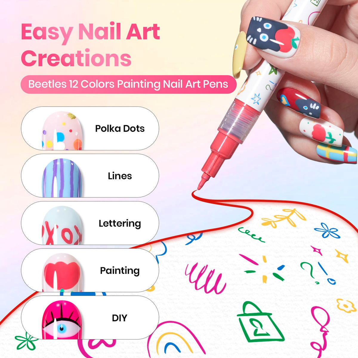 Création de nail art avec les stylos beetles sur des ongles