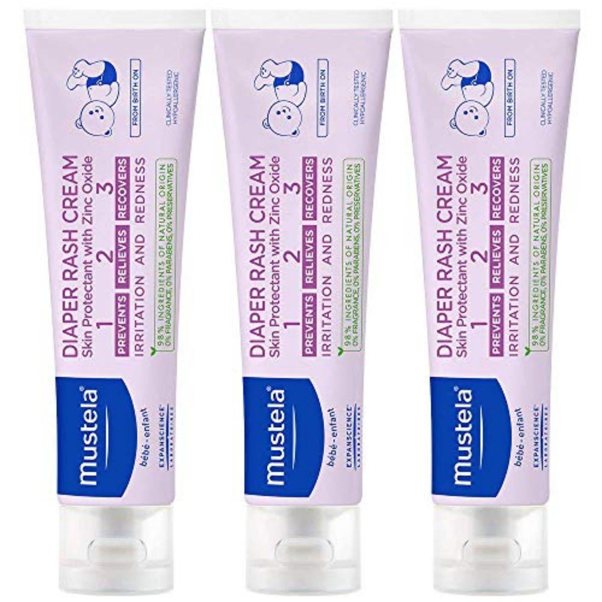 Crème Anti-Érythème Mustela 123 vue avant avec tube blanc et vert