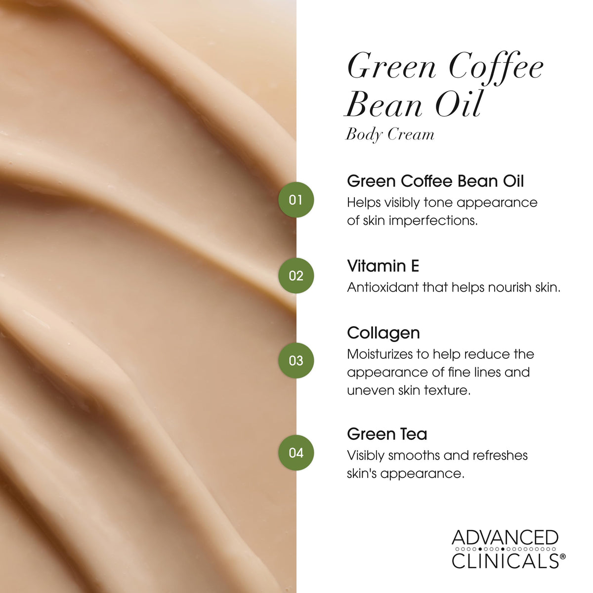 Crème corporelle Advanced Clinicals au café vert avec ingrédients sur la table