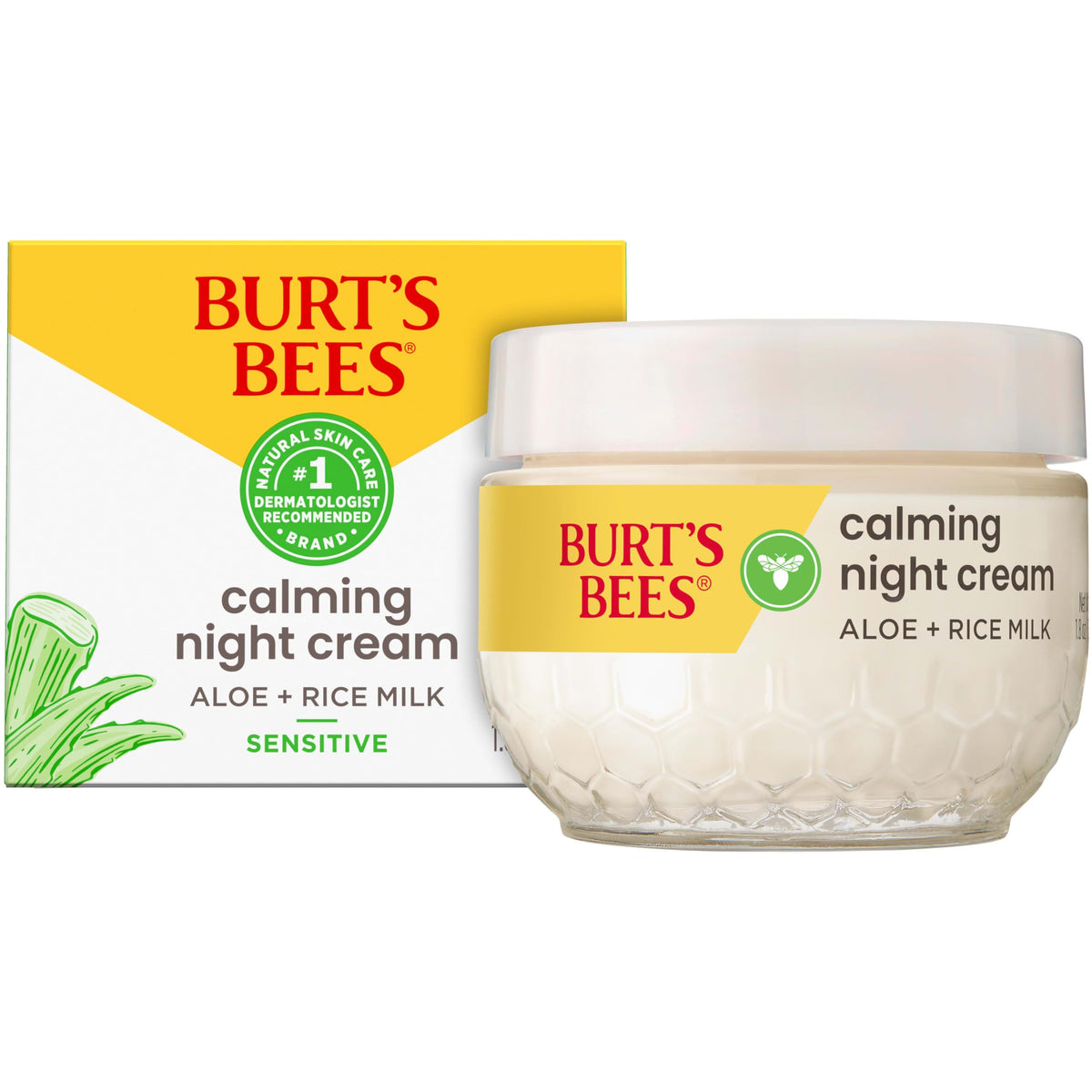 Crème de Nuit Apaisante Burt's Bees 1,8 oz avec Aloe et Lait de Riz