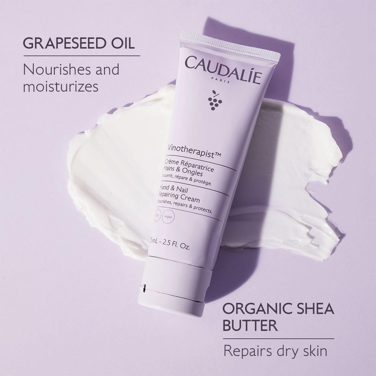 Crème mains et ongles Caudalie sur un fond naturel