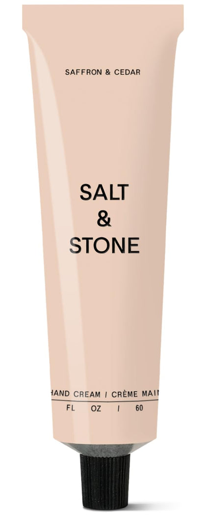 Crème pour les mains Salt & Stone 2 fl oz vue avant avec étiquette Saffran & Cèdre